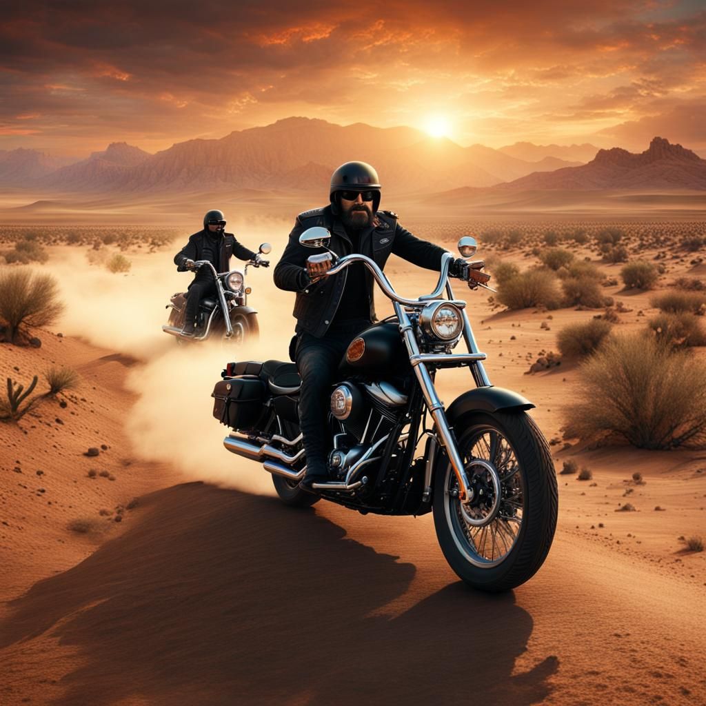 Hell's Angels Ride Harley Davidson Through Desert Landscape