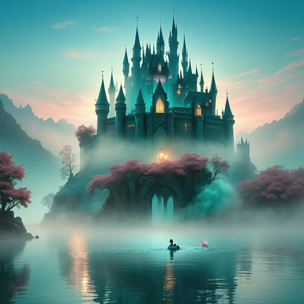 Teal and Rose Castle Emerges From Misty Lake