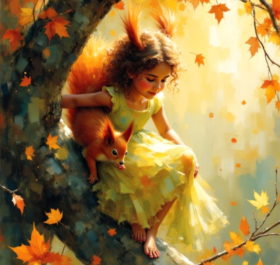 Squirrel and Girl in Dreamy Watercolour Forest