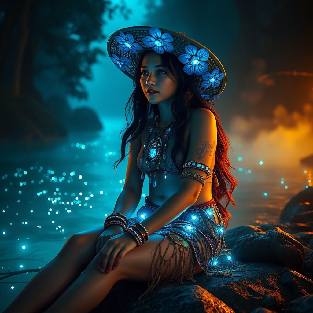 Woman seated by a nocturnal river, wearing a loincloth and multiple handcrafted bracelets...