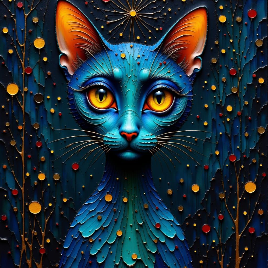 Surreal Modern Art Feline Masterpiece with Iridescent Hues a...