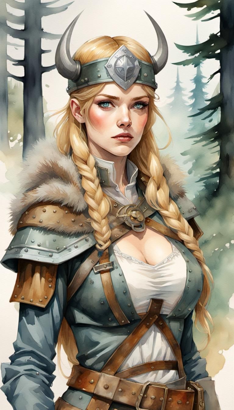 Dieselpunk Viking Princess Portrait in Watercolor Manga Styl...
