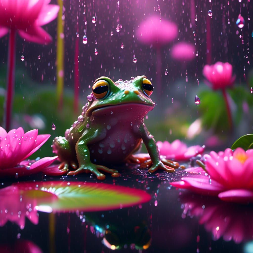 Cute Baby Frog in Rainy Lily Pond