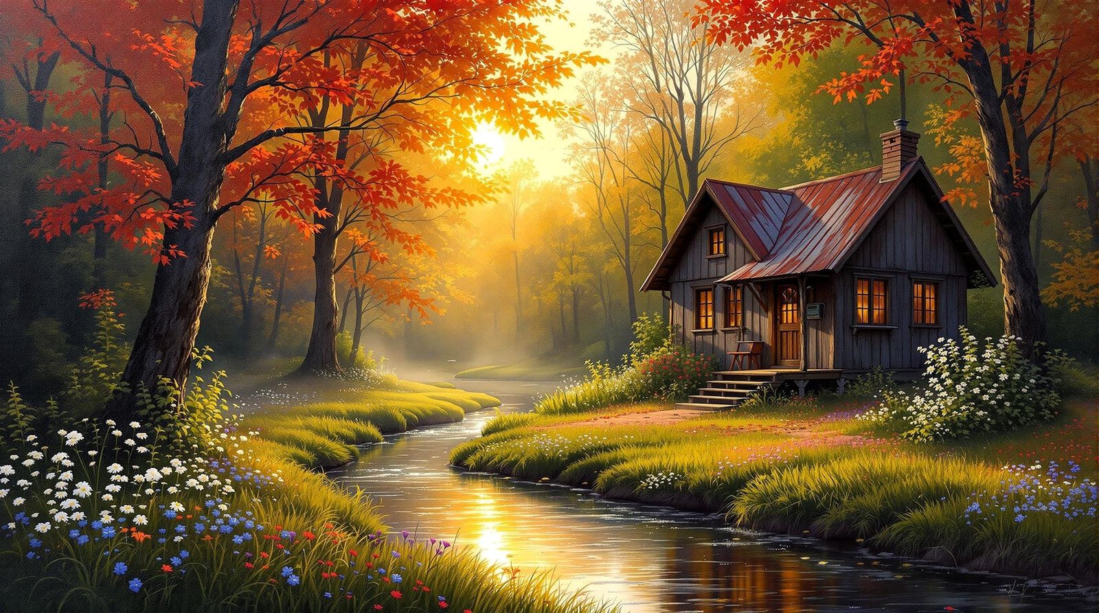 oil paint: Golden Hour in a Rustic Forest Cabin
Nestled deep within a vibrant Spring forest, a quaint rustic cabin rest...