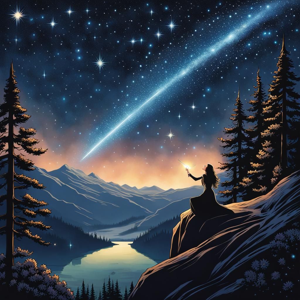 Elven Woman Stargazing at Night Sky Illustration