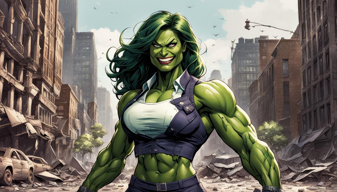 Victorious and Muscular She-Hulk in Torn Clothing
