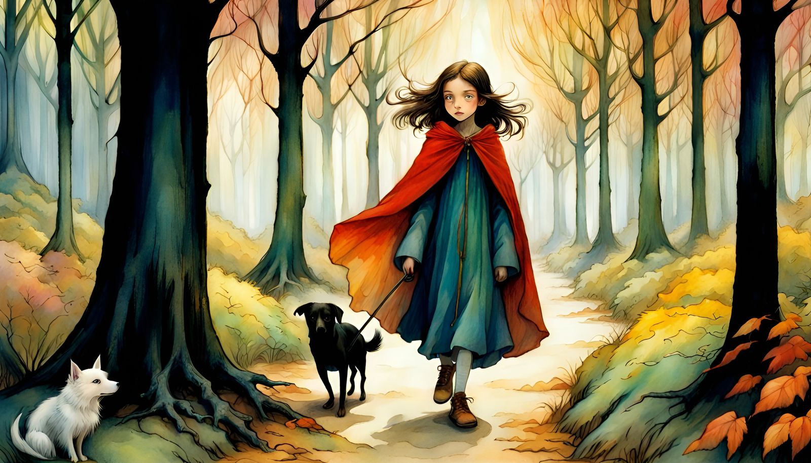 Girl and Dog in Fantasy Forest Illustration