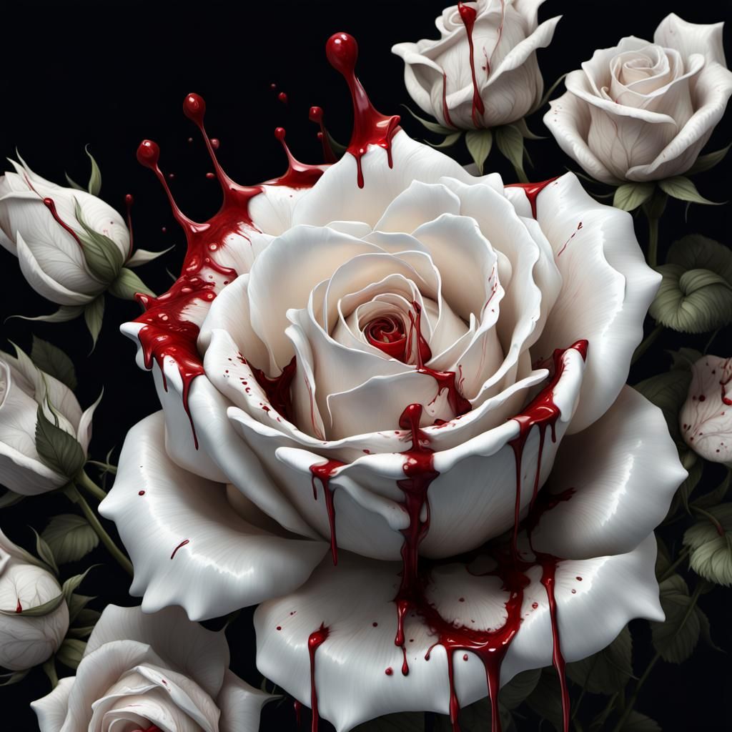 Hyperrealistic White Rose Dripping Blood
