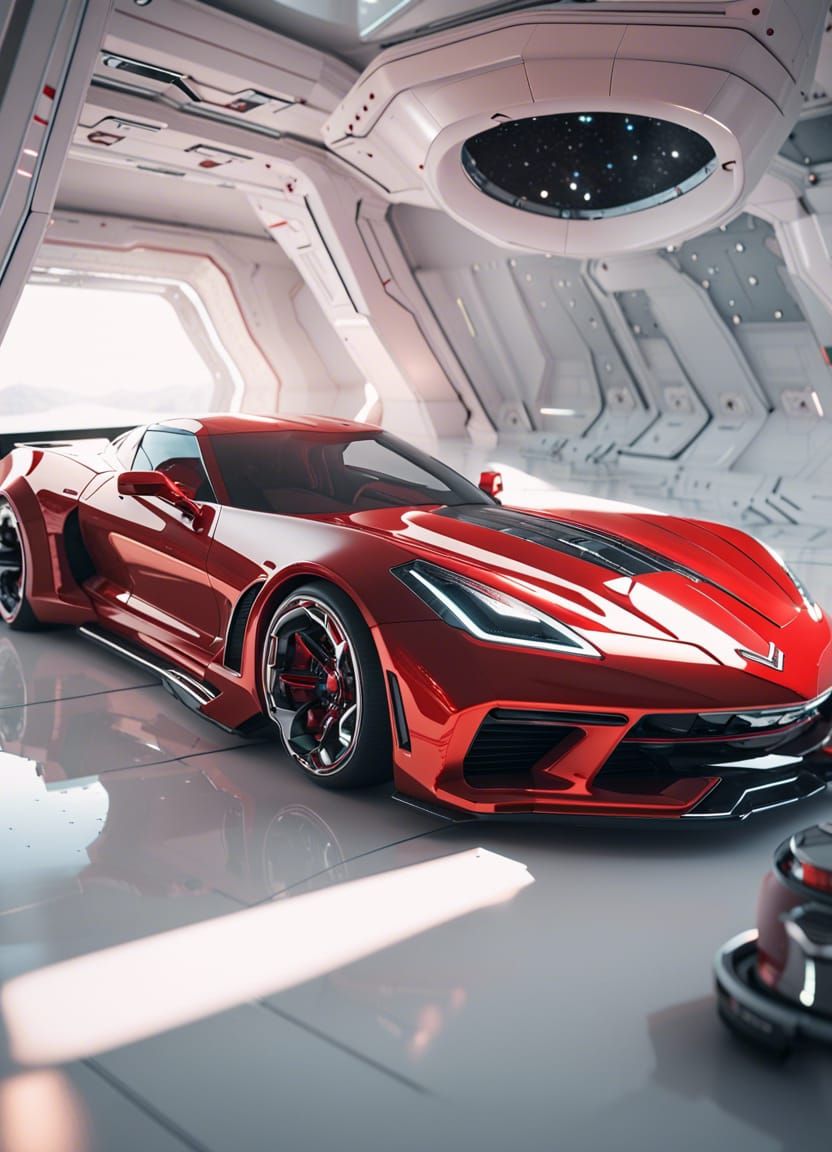 Red Corvette in Futuristic Spaceship Interior
