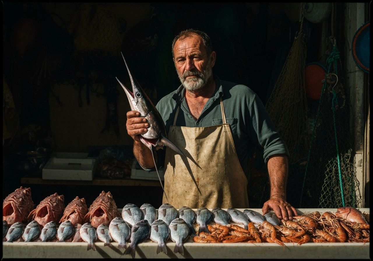 Dramatic Fishmonger Portrait in Photographic Style