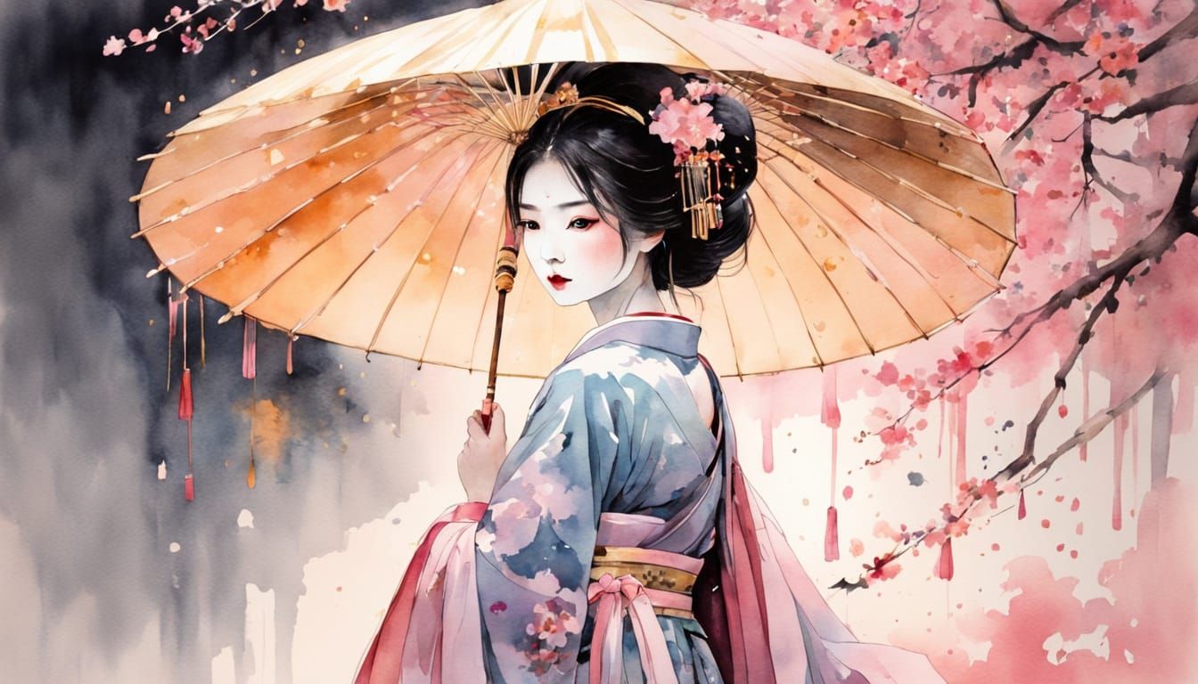 Watercolor Geisha in Pinks and Gold