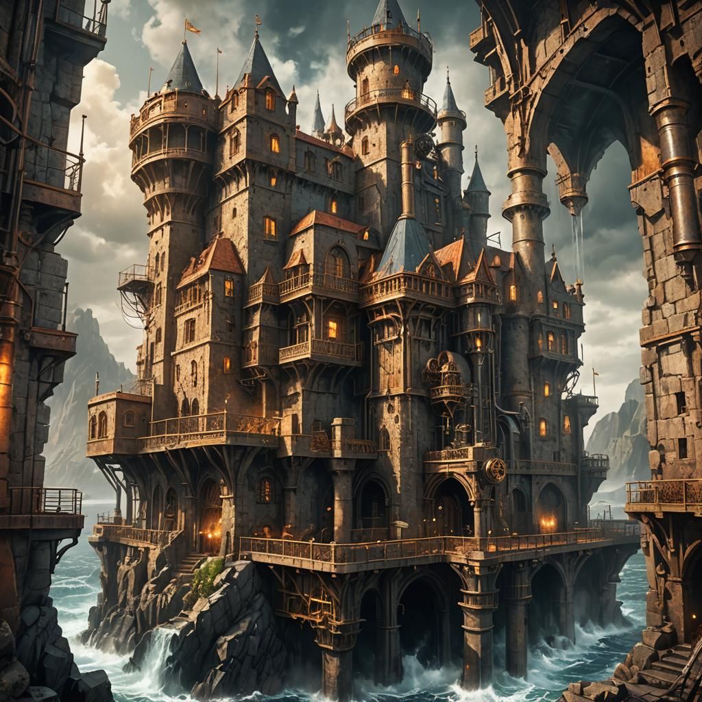 Steampunk Castle Concept Art on Rocky Island
