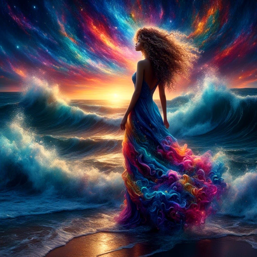 Surreal Woman on Twilight Beach in Dreamy Colors