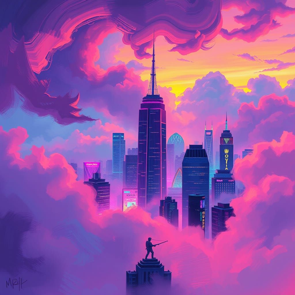 Rainbow Cityscape with Neon Lights in Digital Art Style