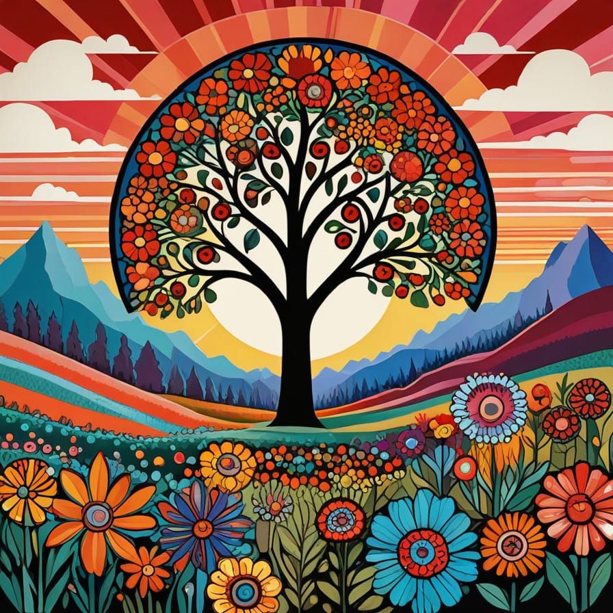 Surreal Folk Art Landscape with Majestic Tree and Vibrant Su...