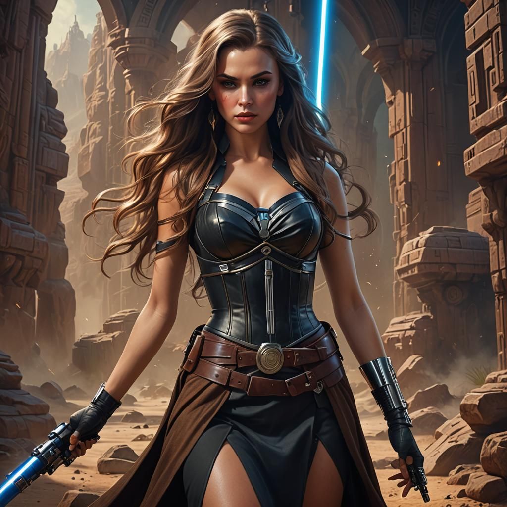 Pin-Up Jedi Master with Lightsaber in Fantasy Art