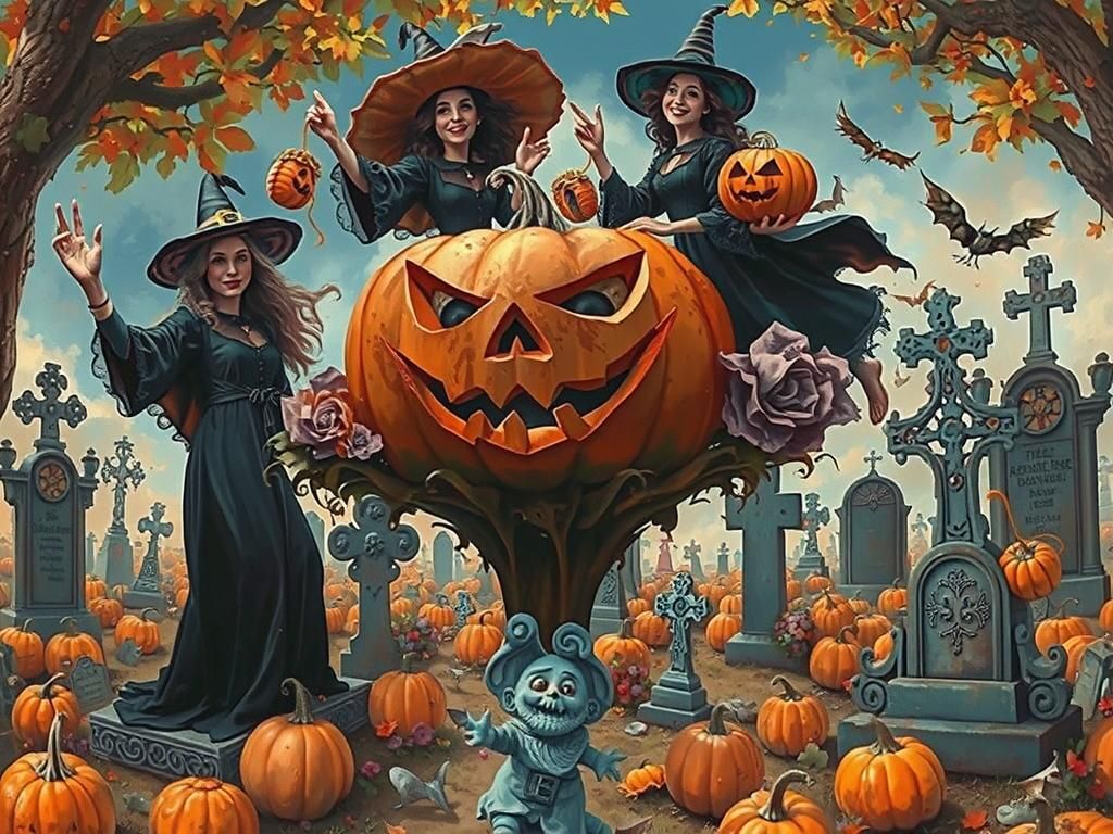 Surreal Witches Soar Over a Vibrant Halloween Cemetery in Hy...