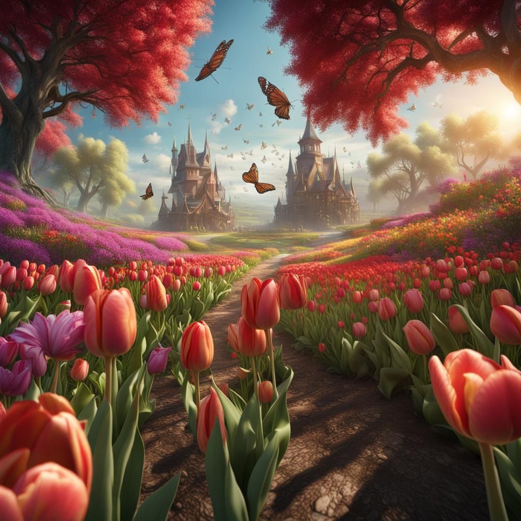 Colorful Tulip Field with Butterflies and Dragonflies