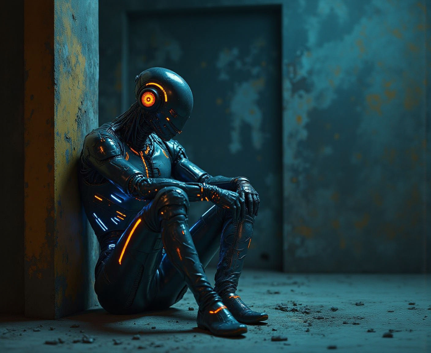 Vibrant Cyborg Man in the Dark Corner