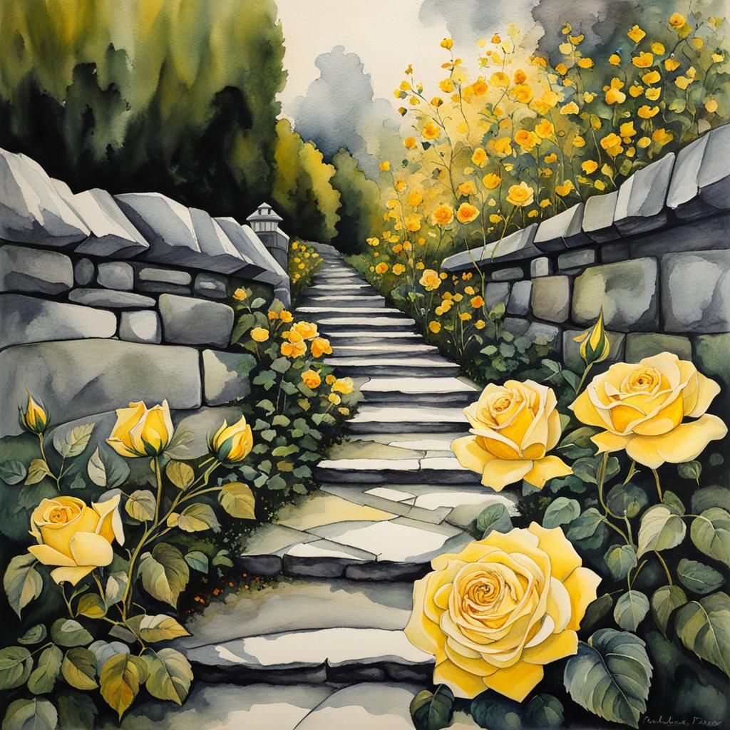 Garden Path with Roses in Watercolor Style