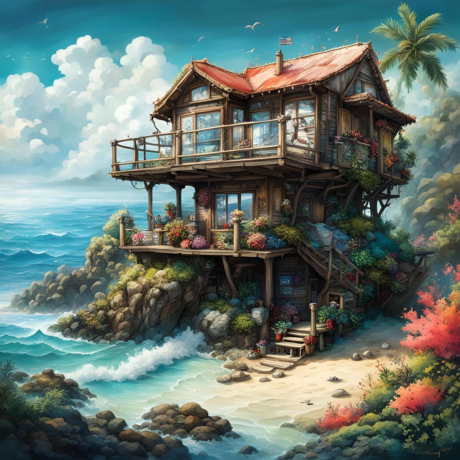 Paradise Island Beach House in Mixed Media Style