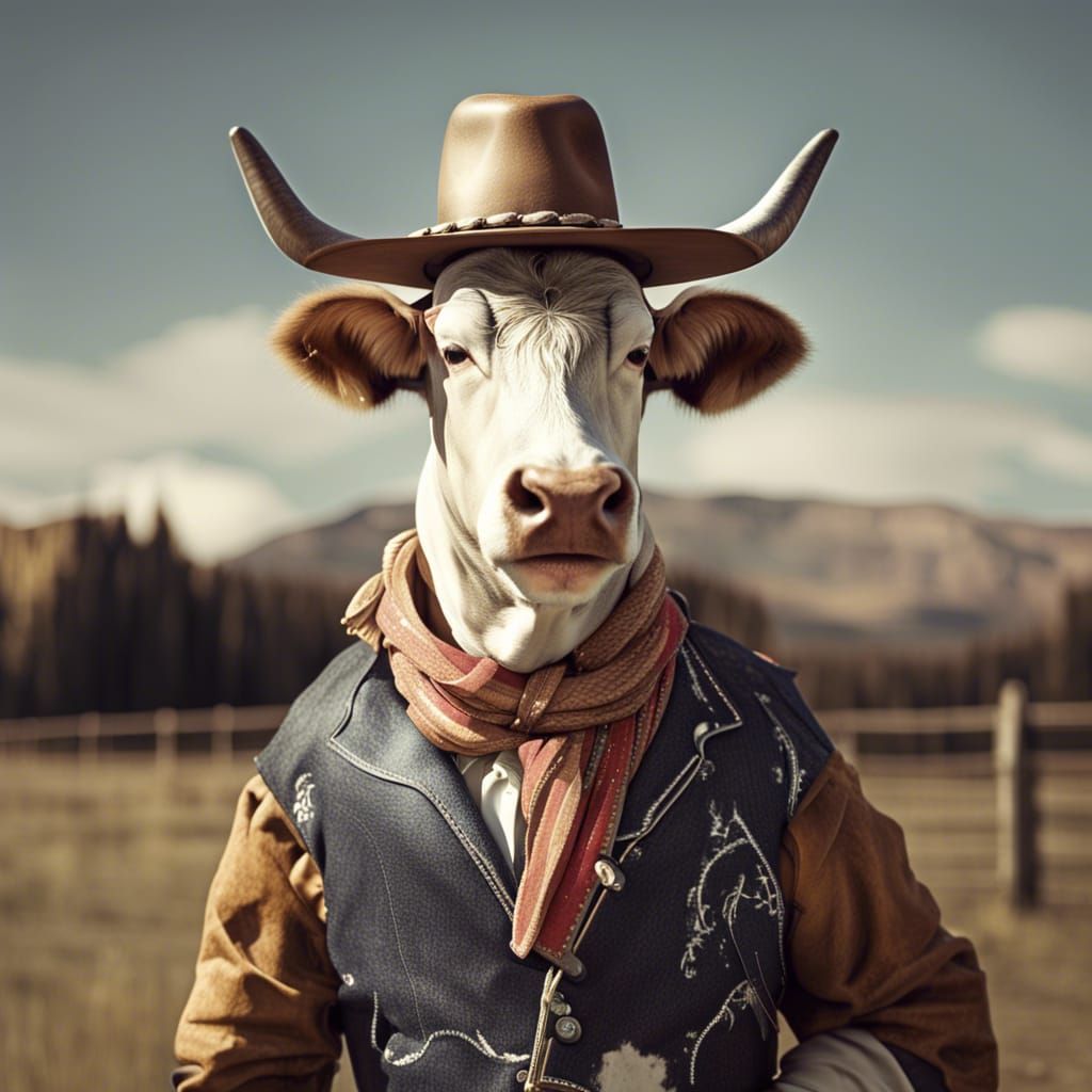 Anthropomorphic Cow as Cowboy in Western Attire