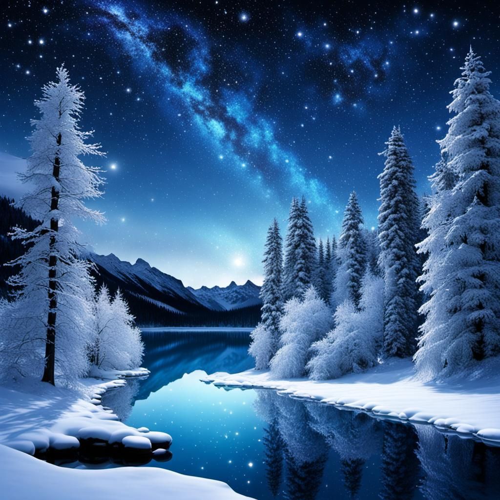 Glittering Snowy Night Over Frozen Lake