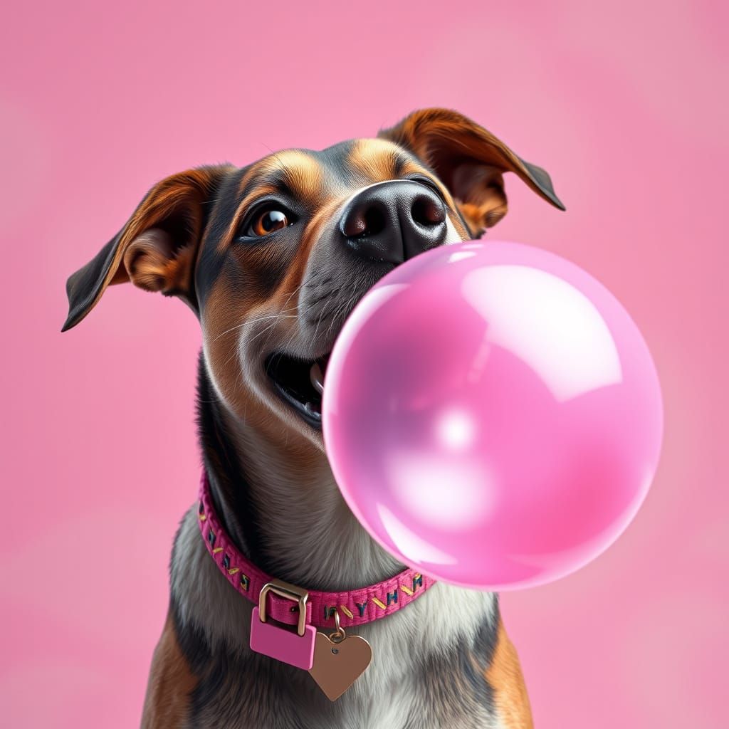 Joyful Dog Blows Bubbles in Vibrant Bubblegum Landscape