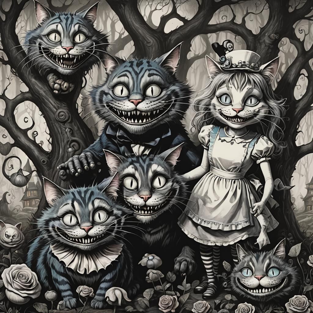 Alice and Cheshire Cat in Dark Fantasy Style