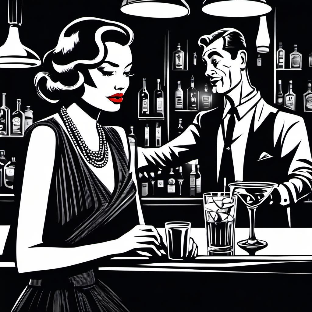 Noir Bartender and Femme Fatale in Black and White