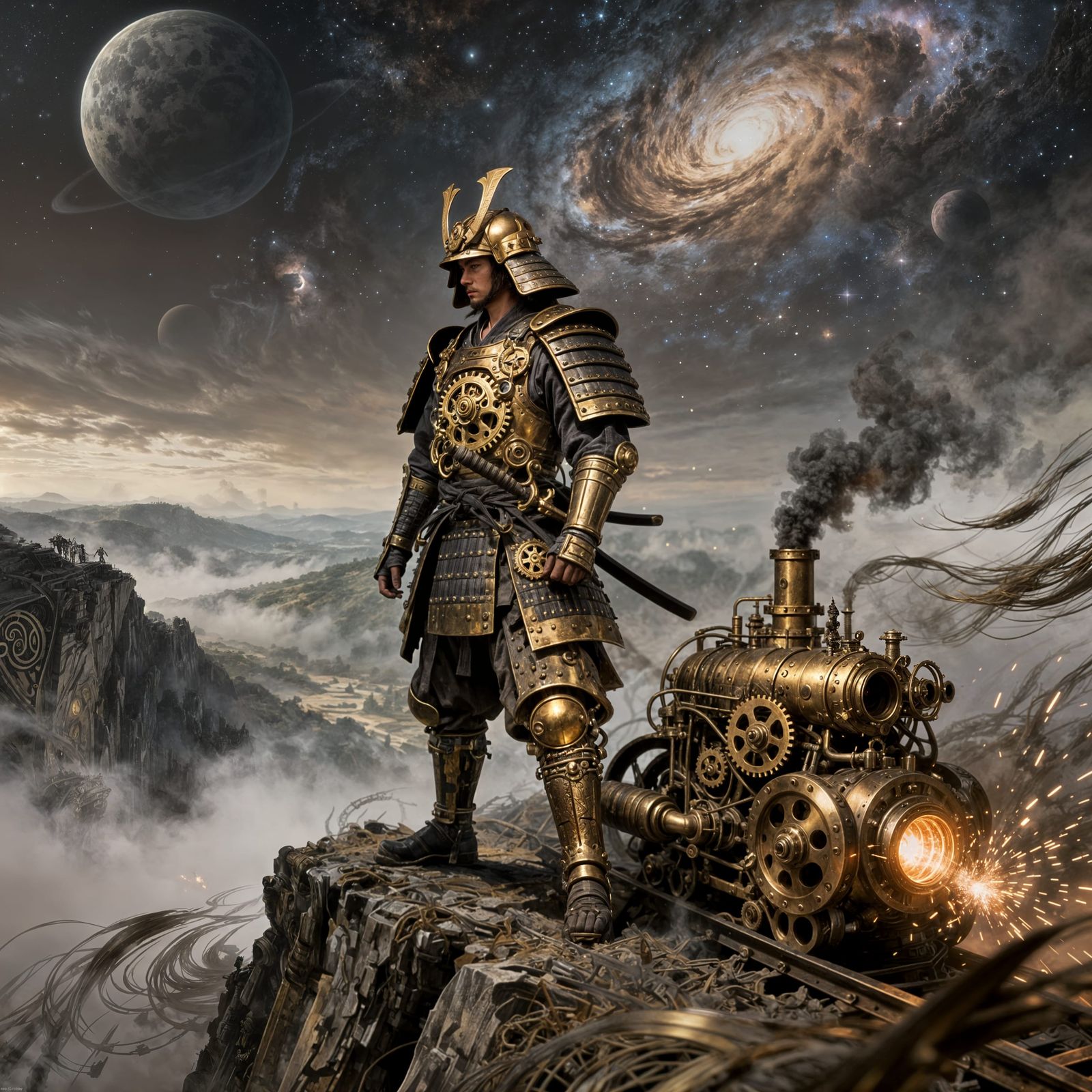 Steampunk Samurai on Misty Cliff Overlooking Nebulae