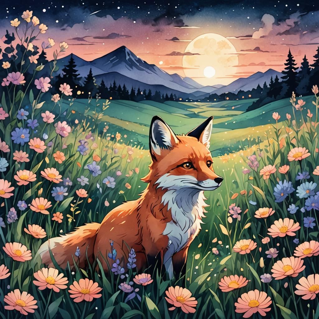 Anime Nightscape: Fox in a Field of Flowers