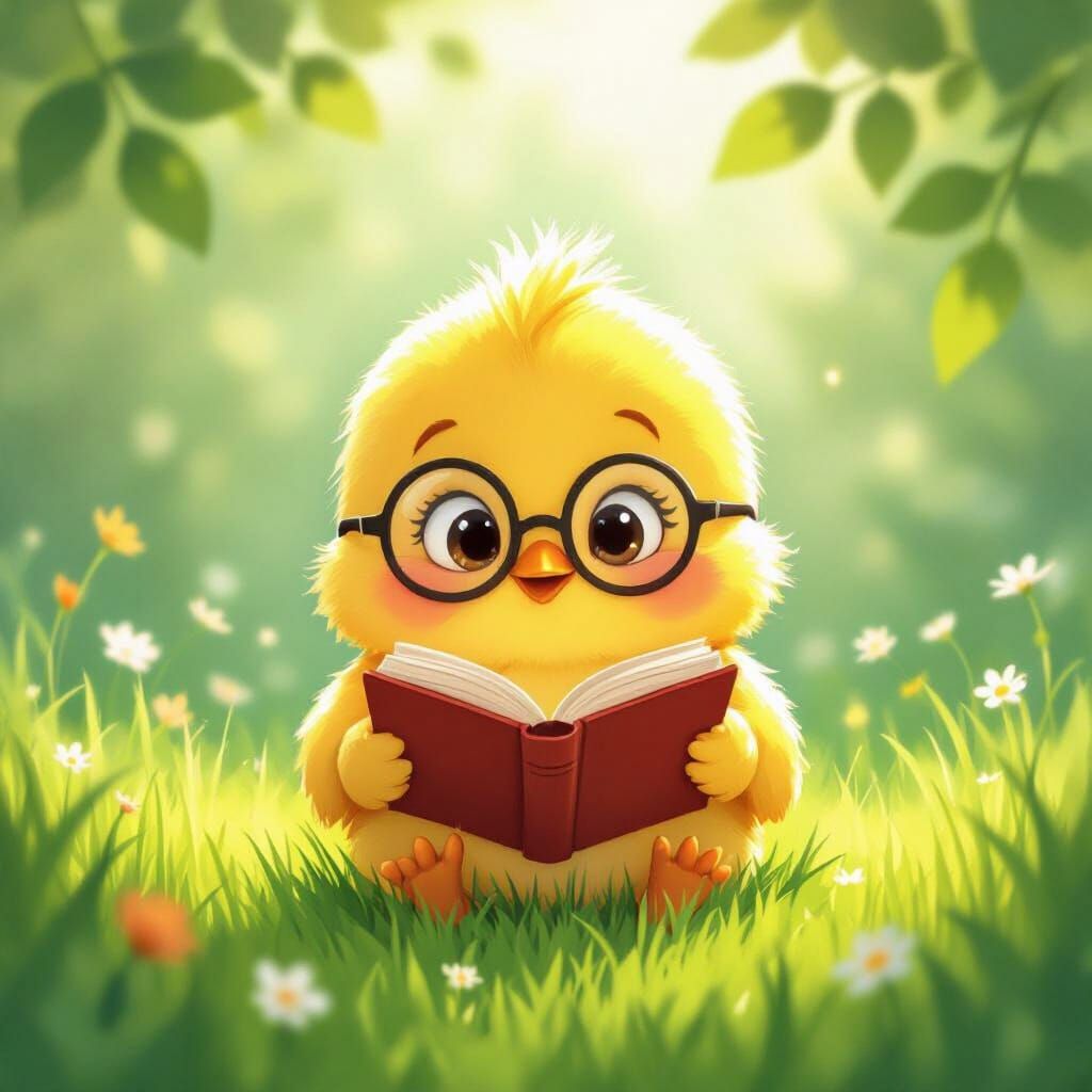 Whimsical Chick Reading Book in Sunlit Grass