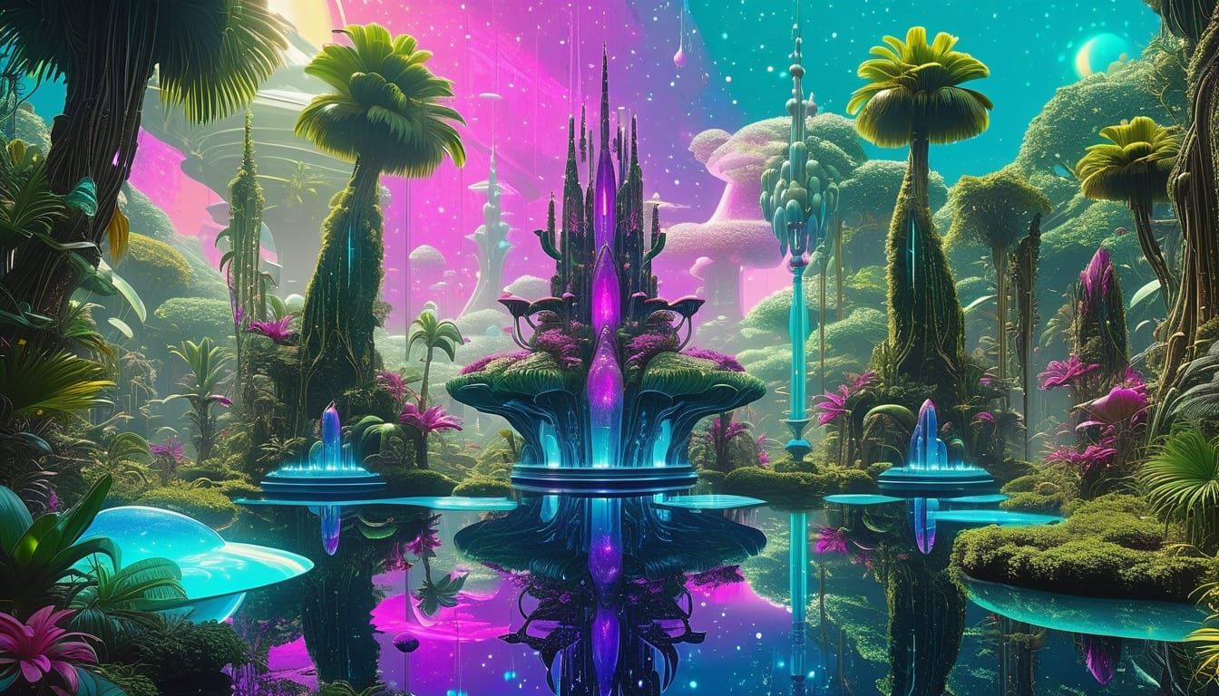 beautiful epic cosmic  lush tropical alien landscape with glass spires, deco nouveau fountains, rivers, forests,  causti...