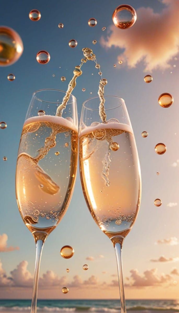 Champagne Glasses Cheer at Tropical Sunset