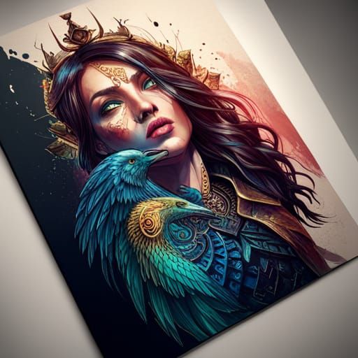 Cyberpunk Aztec Princess of Ravens Digital Painting