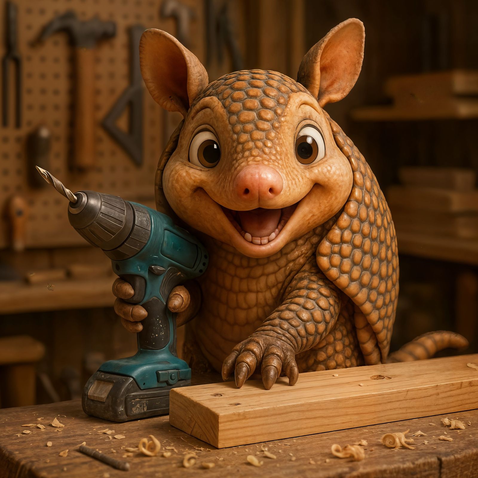 Happy Armadillo in Wood Shop Cartoon