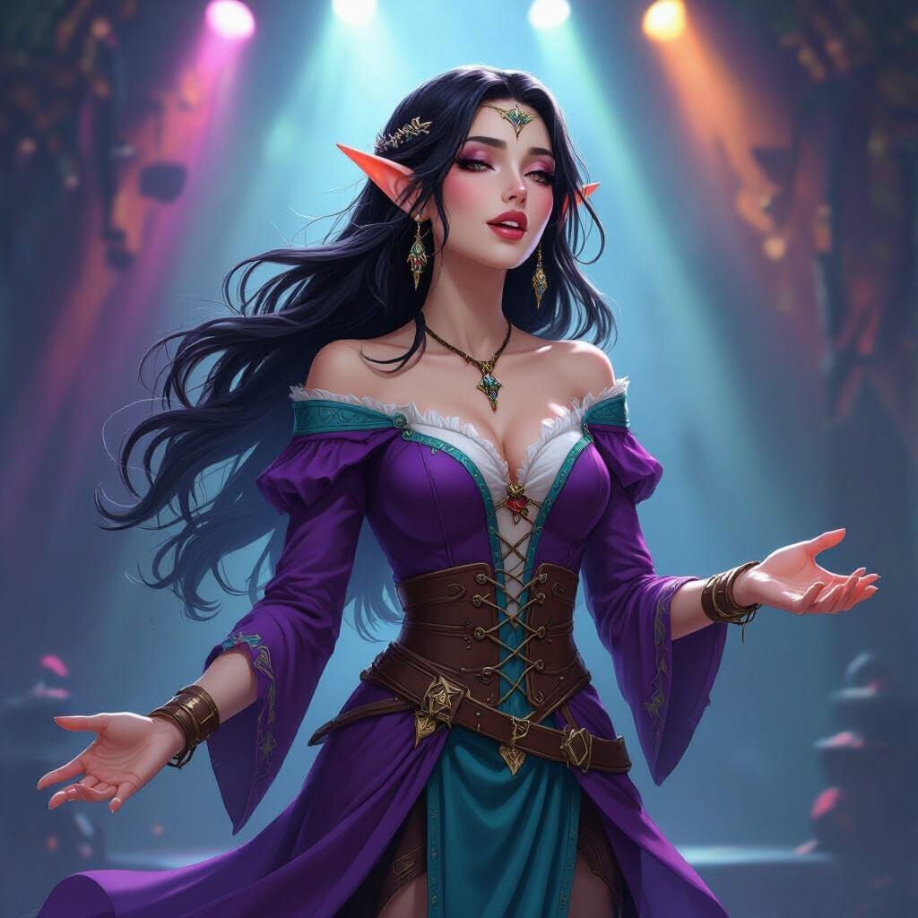 Raven-Haired Elf Bard Sings in Dramatic Lighting
