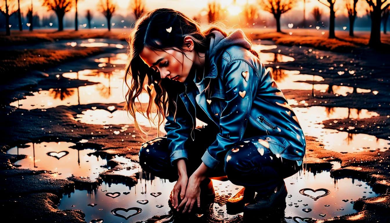 Melancholic Woman Kneeling in a Heartbroken Landscape