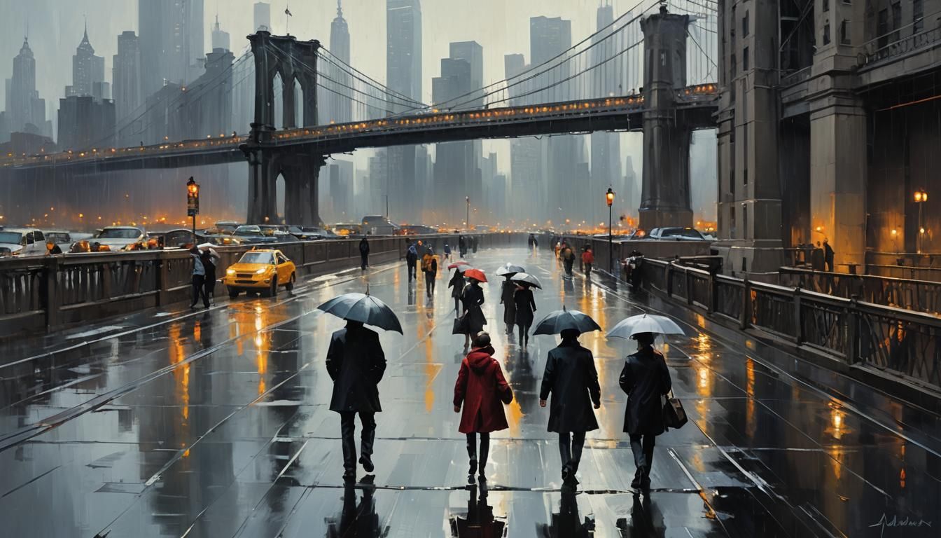 New York bridge, rain, people, canvas, oil paint, impasto br...