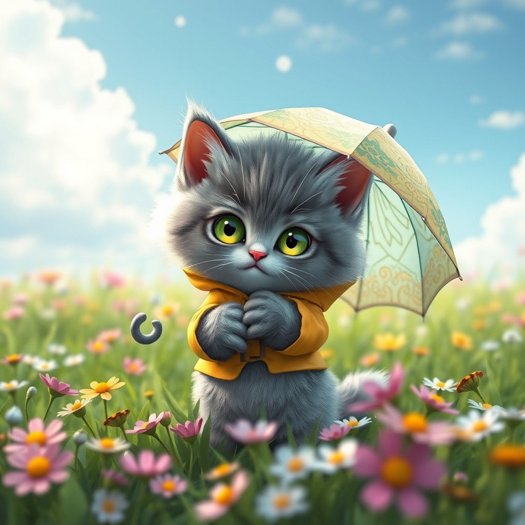 Kitten in Raincoat in Anime Meadow