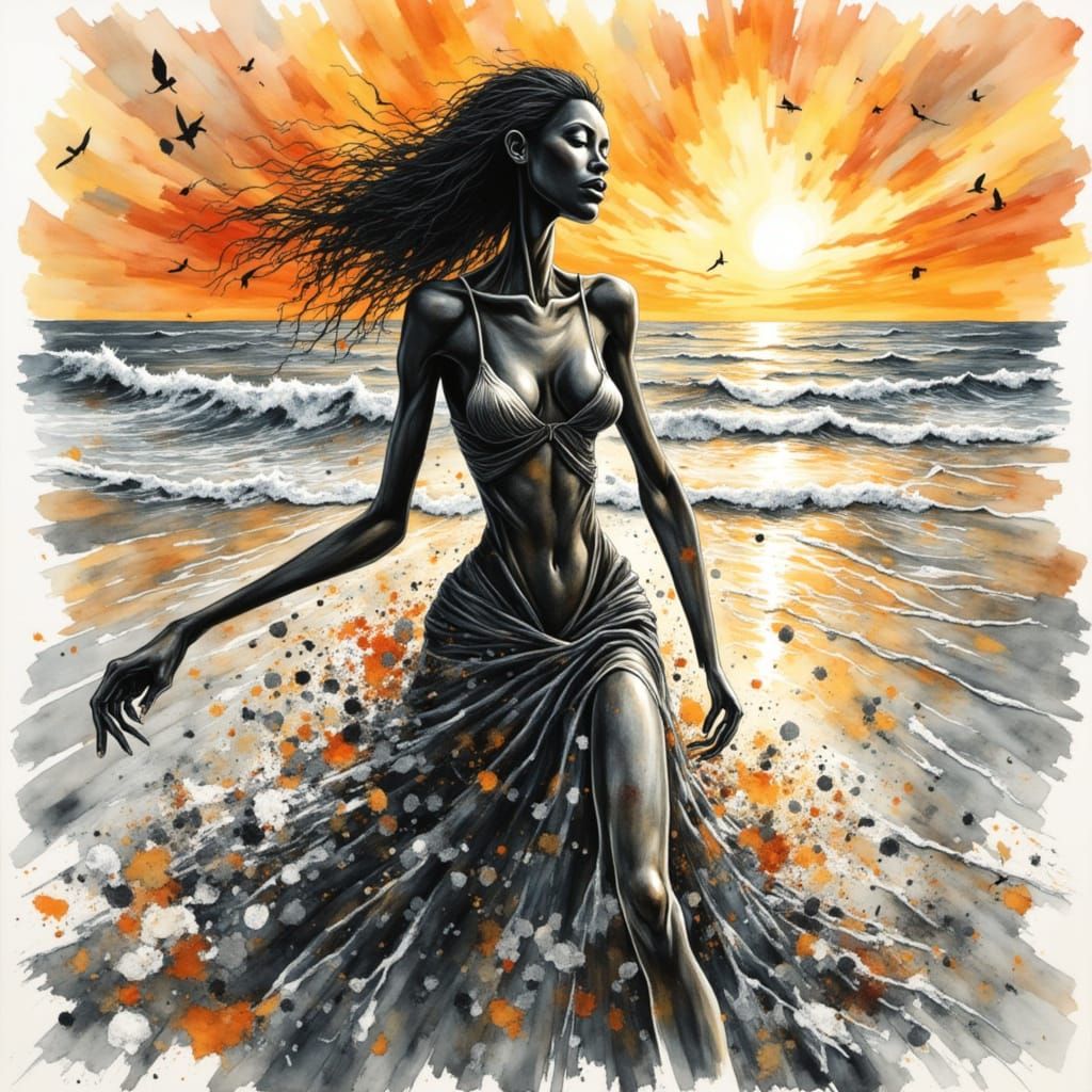 Abstract Sunset Beach Scene with Black Woman