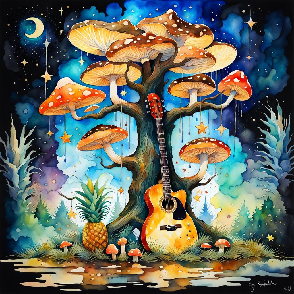 Watercolor Fantasy Landscape with Tree, Guitar and Pineapple