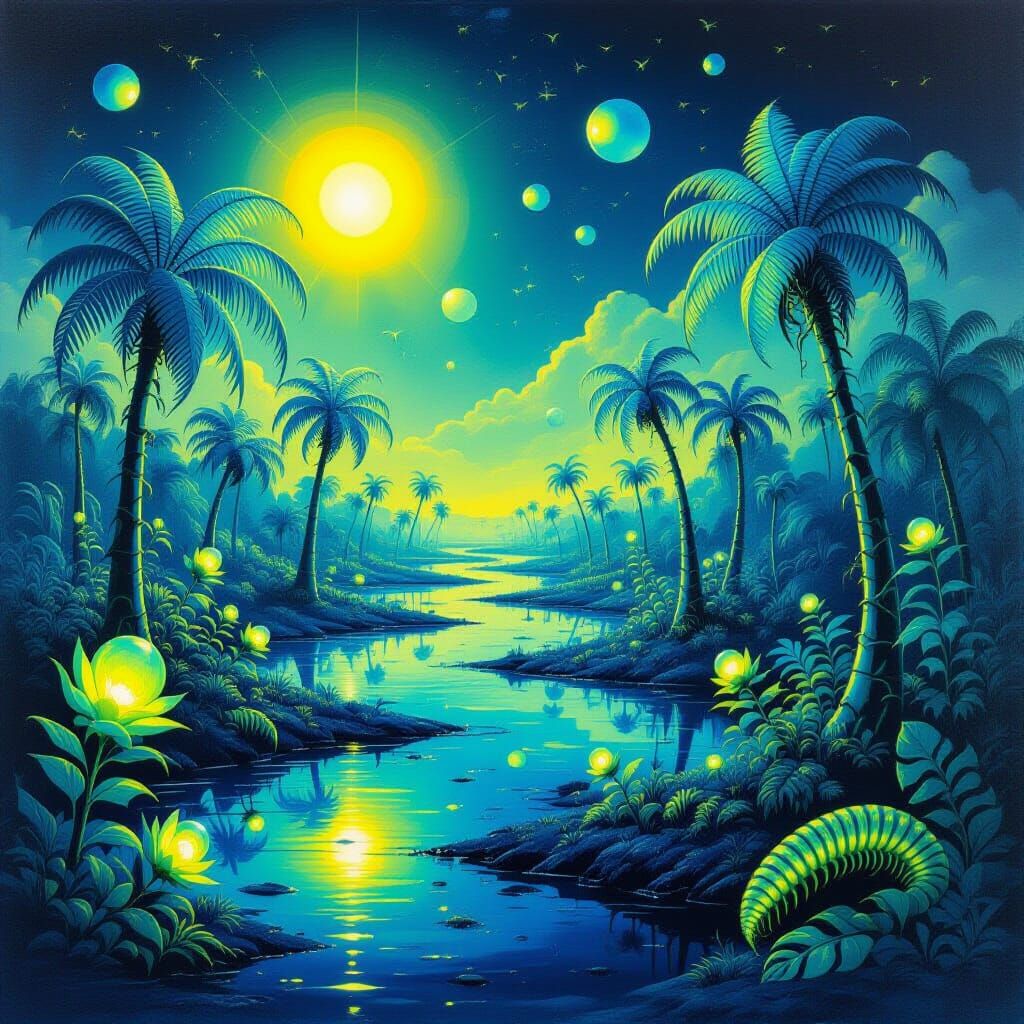 Surreal Alien Swamp with Glowing Flora