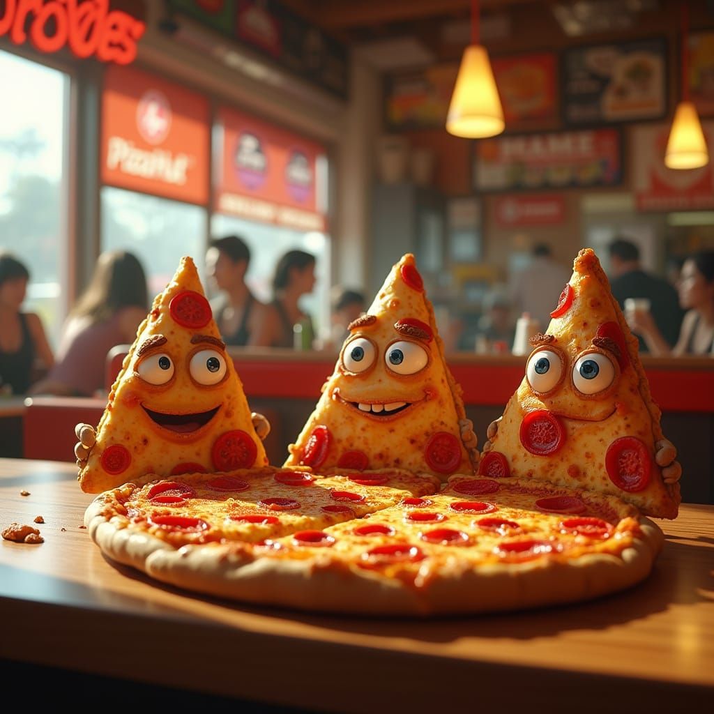 Anthropomorphic Pizza Slices Gather at a Bustling Pizza Hut
