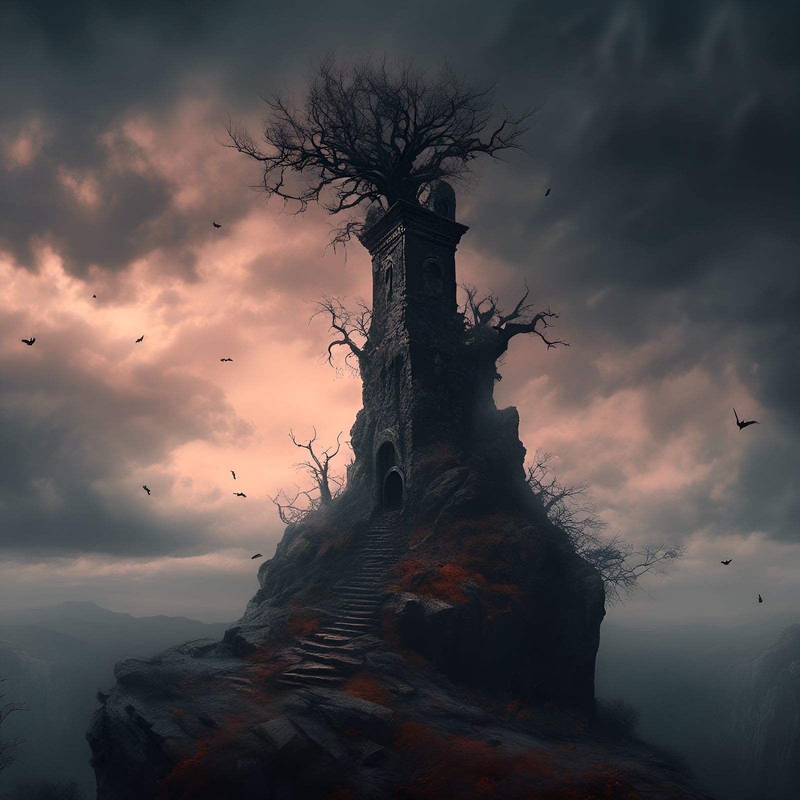 Eerie Tower on Cliff: Gothic Fantasy Art
