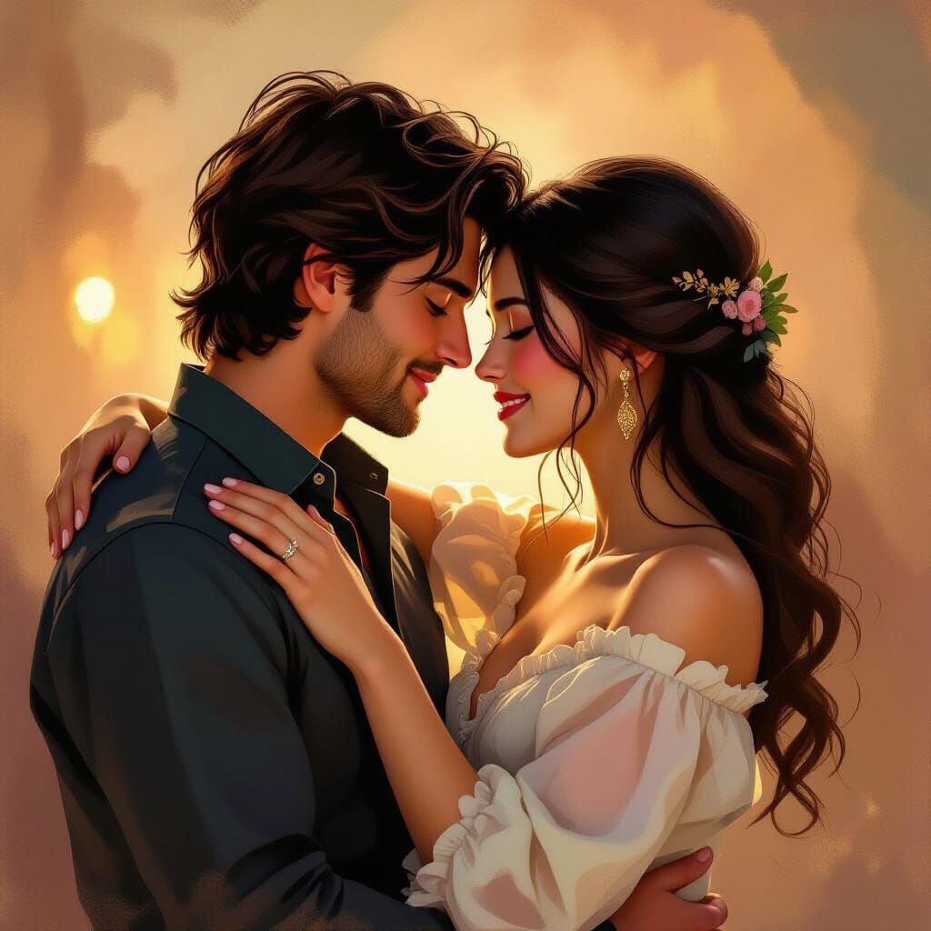 Romantic Embrace: Lovers Share Intimate Moment in Painterly ...