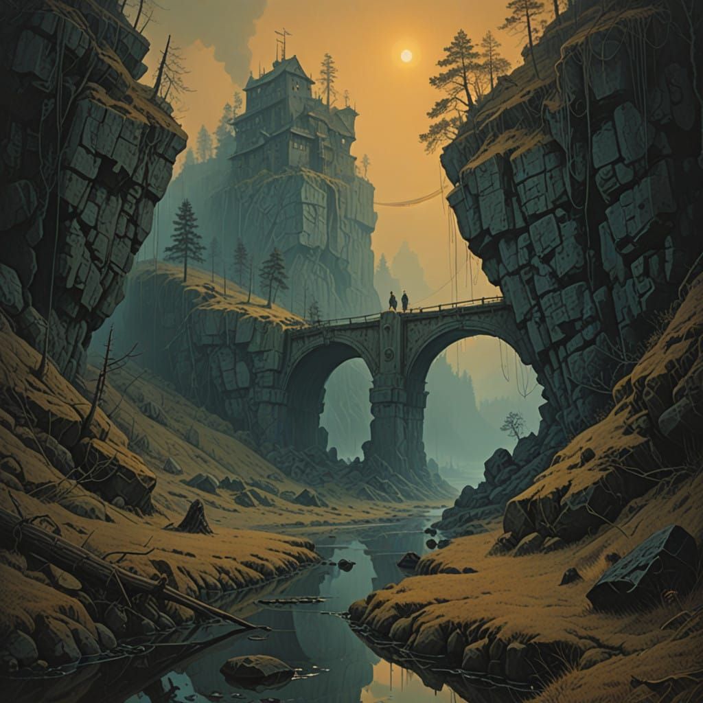 foggy landscape with bridge, Frank Frazetta style.