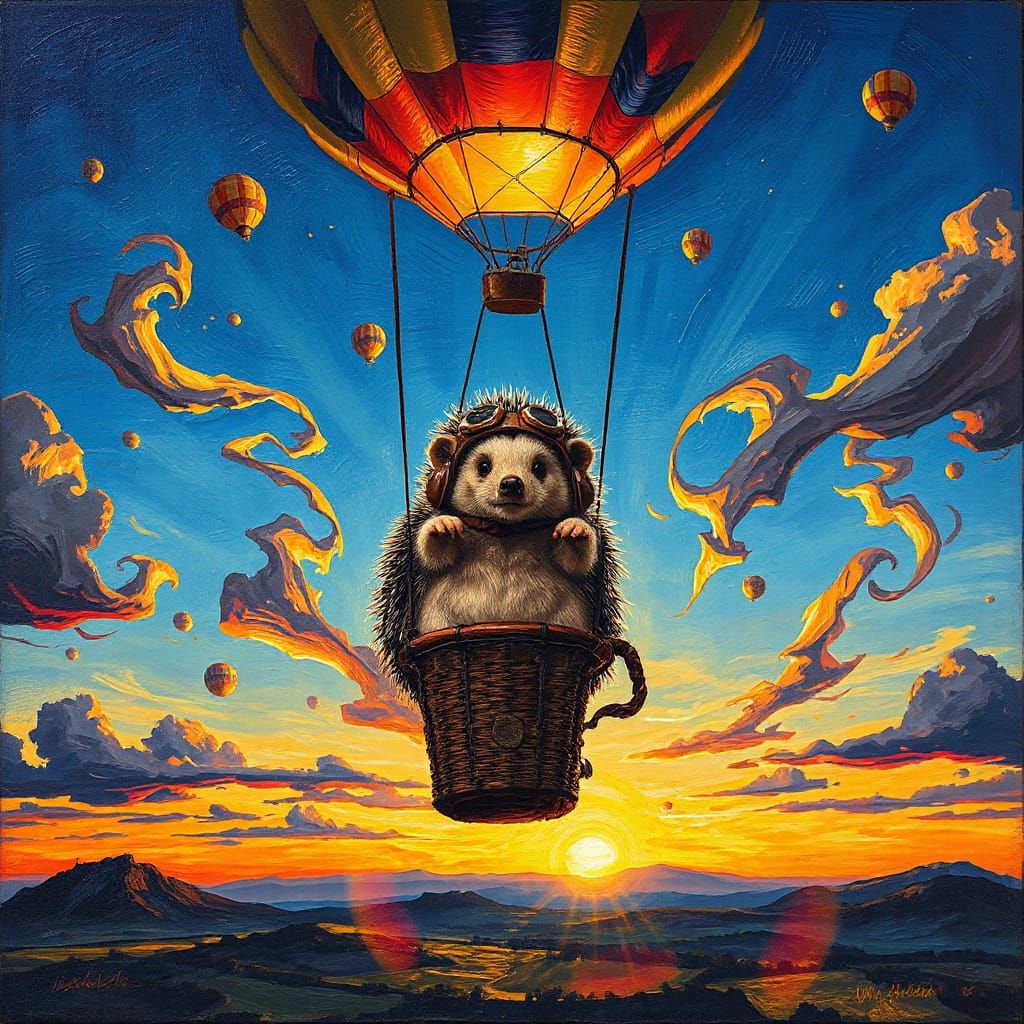 Hedgehog Aviator in Hot Air Balloon: Expressive Impressionis...