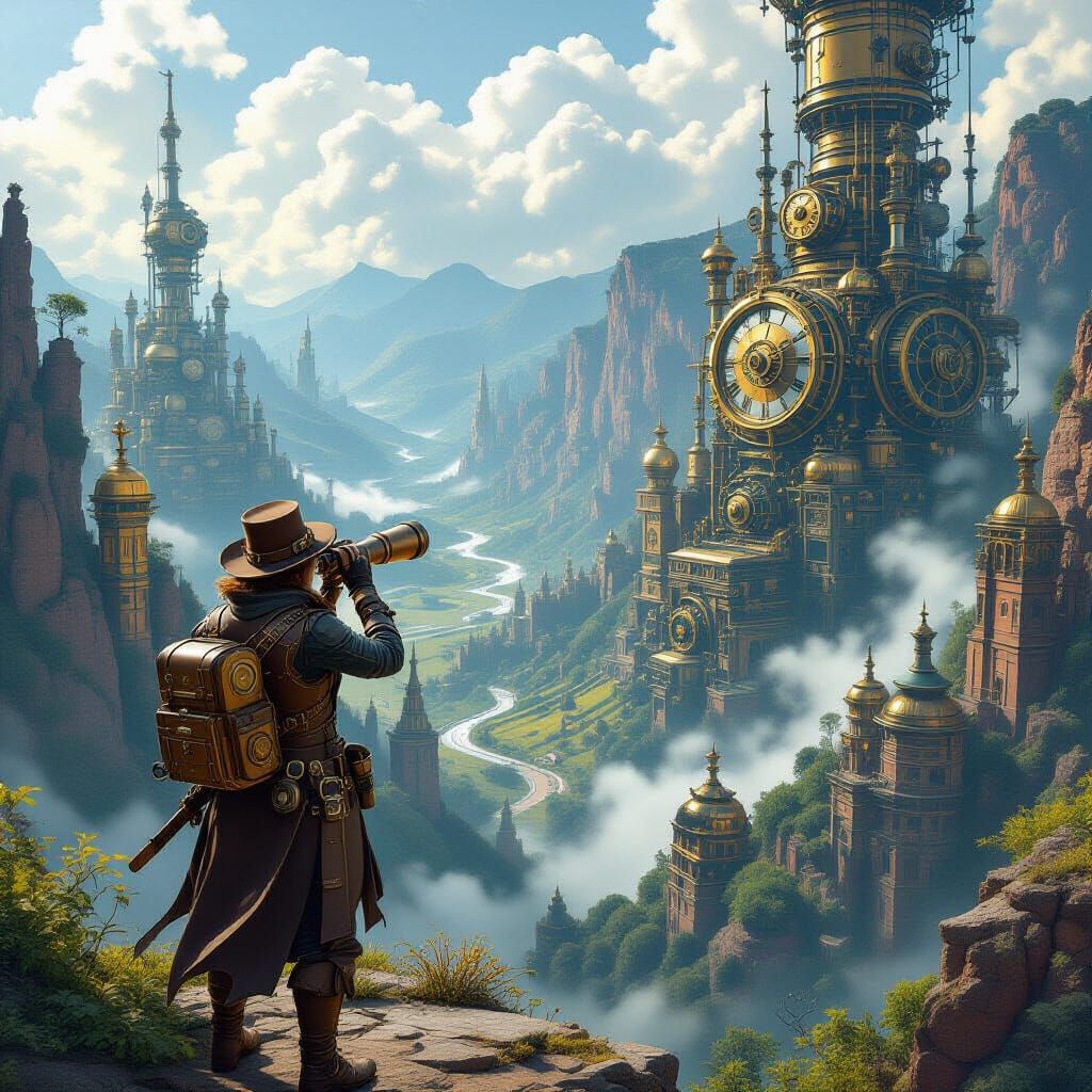 Steampunk Explorer Overlooking Clockwork Valley